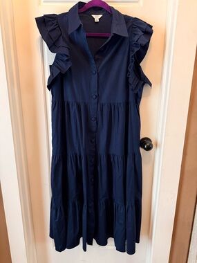 crown & ivy Navy Ruffle Sleeve Tiered Button-Front Midi Dress